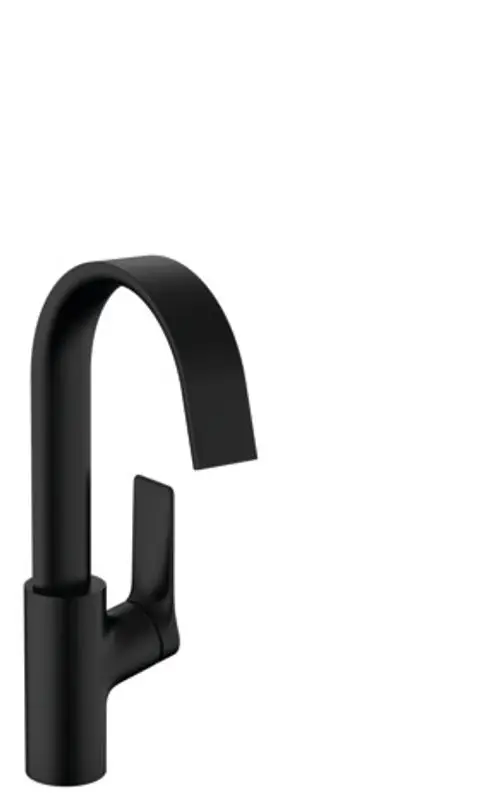 Schwenkbarer Einhebel-Waschtischmischer in mattschwarz von Hansgrohe, ausgestattet mit einer Zugstangen-Ablaufgarnitur.